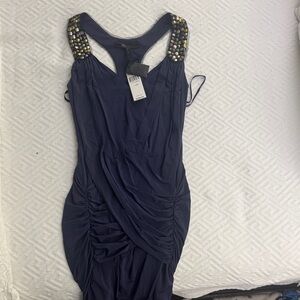 BCBGMaxAzria Navy Backless Dress with Embellished Shoulders